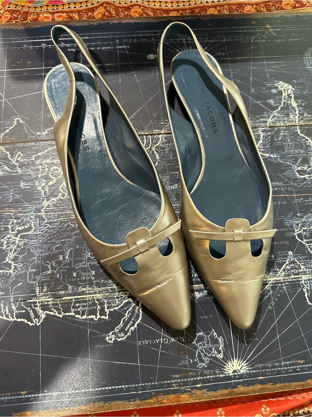 Marc Jacobs Vintage Pointed Toe Cutout Slingback Flats Metallic Bronze 38.5